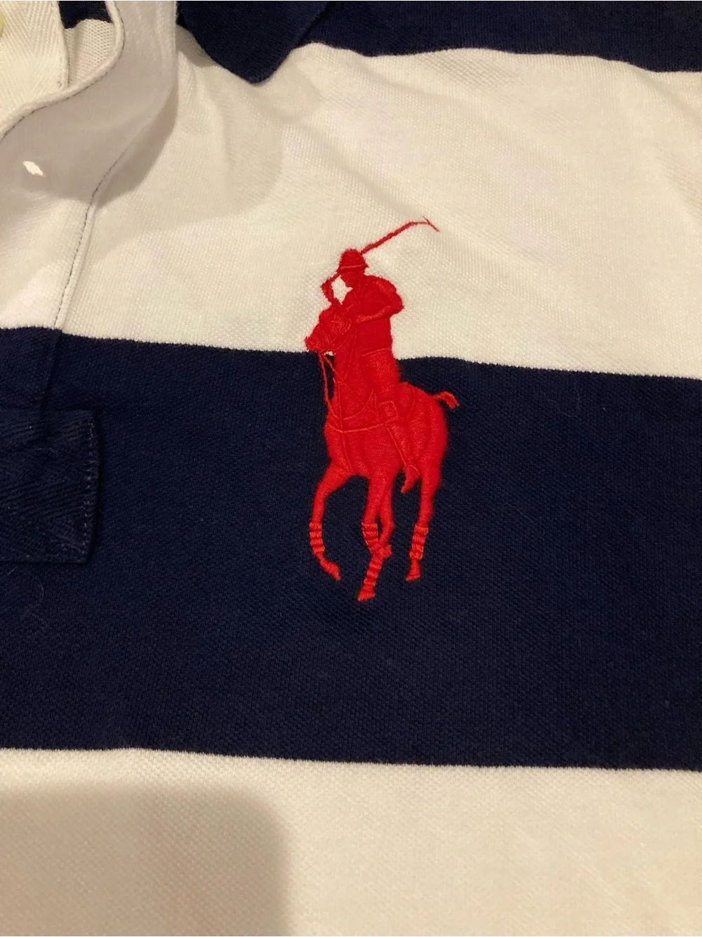 Ralph Lauren Navy & White Striped Polo with Red Pony
